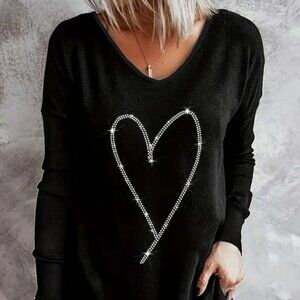 NWOT SALE - Glamorous Rhinestone Heart T-Shirt Fashion V Neck, Long Sleeve tank